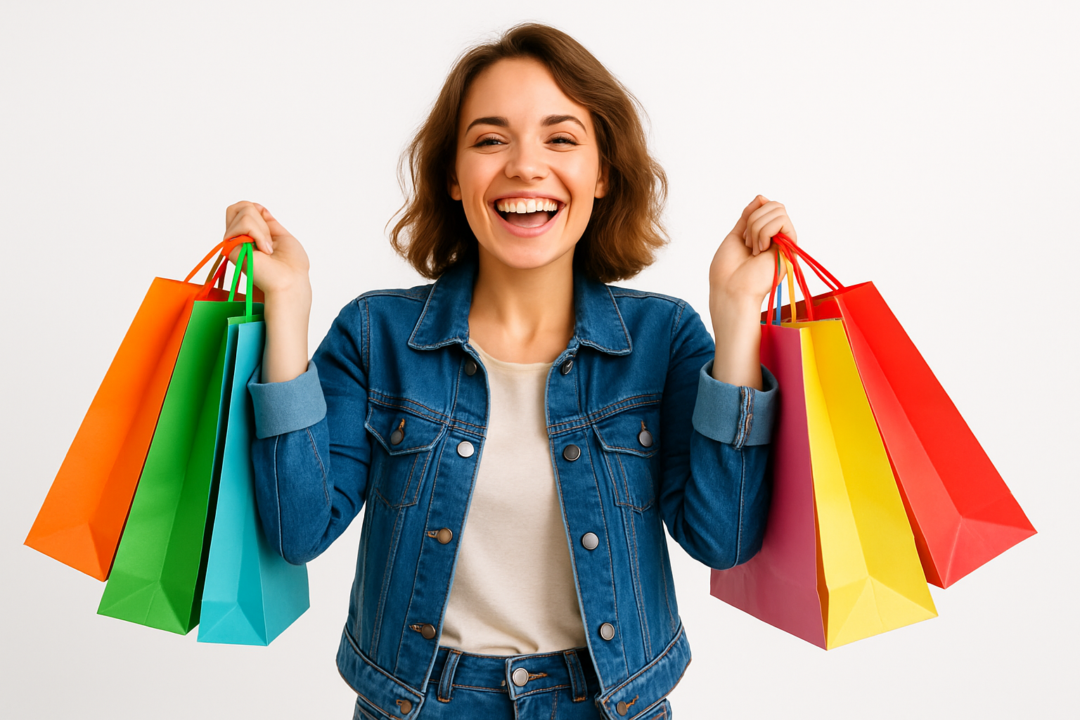 a girlwith shopping bags with happy face and background must be white color